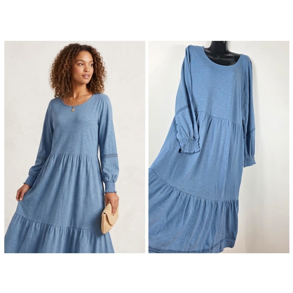 Canyon Retreat Tiered Maxi Dress Womens 1X Blue Crochet Lace Long Sleeve Boho